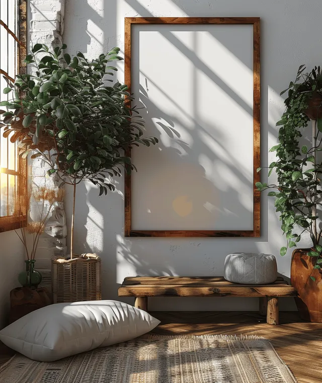 Vertical wooden picture frame mockup on wall with sunlight shadows and indoor decor