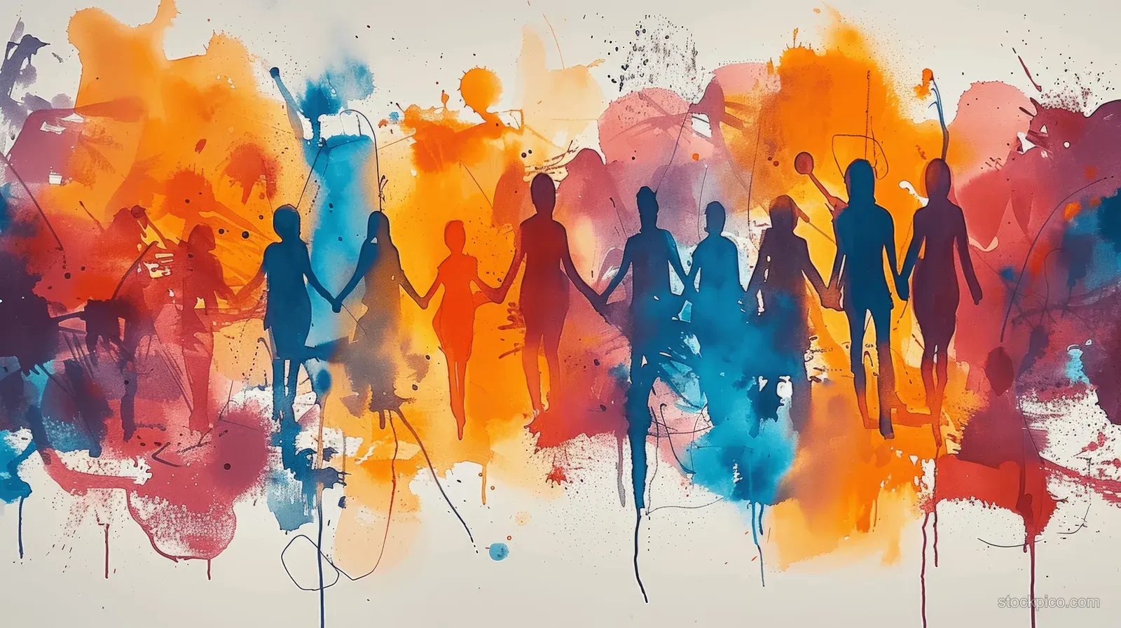 Diverse people hold hands as watercolor paint splashes in orange and blue rise behind their walking silhouettes.