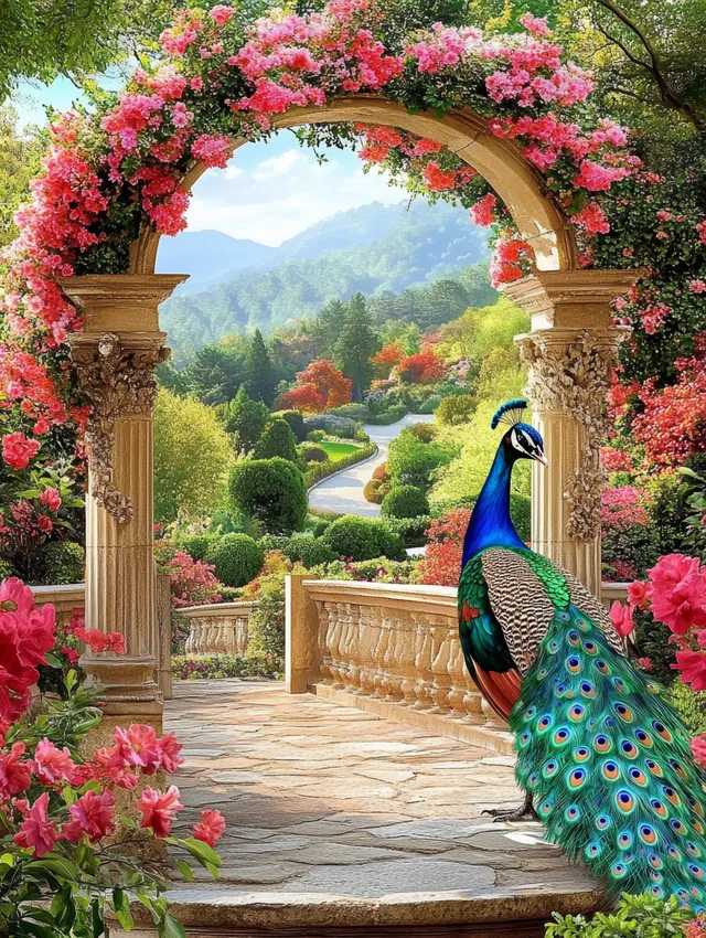 A peacock stands under a pink blooming flower archway beside a stone path in a lush garden.
