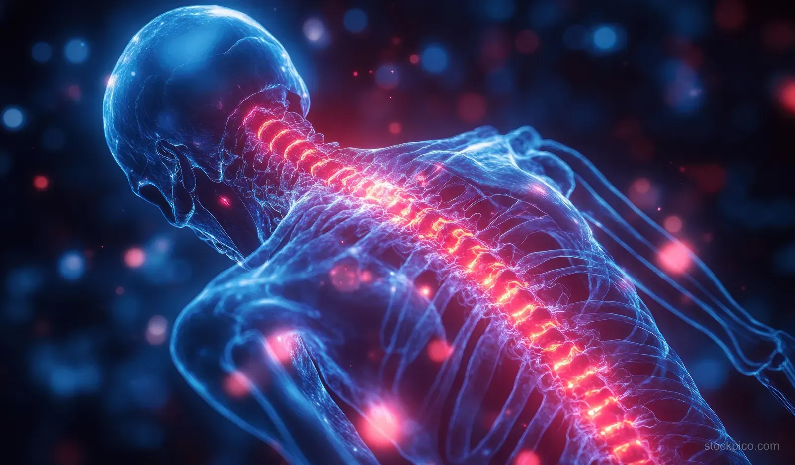 3D human skeleton spine illustration highlights a glowing herniated lumbar disc with red and blue pain signals.