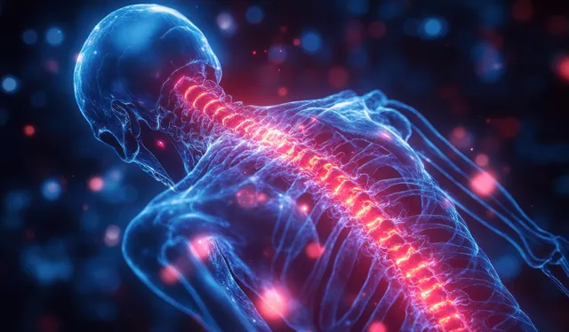 3D human skeleton spine illustration highlights a glowing herniated lumbar disc with red and blue pain signals.