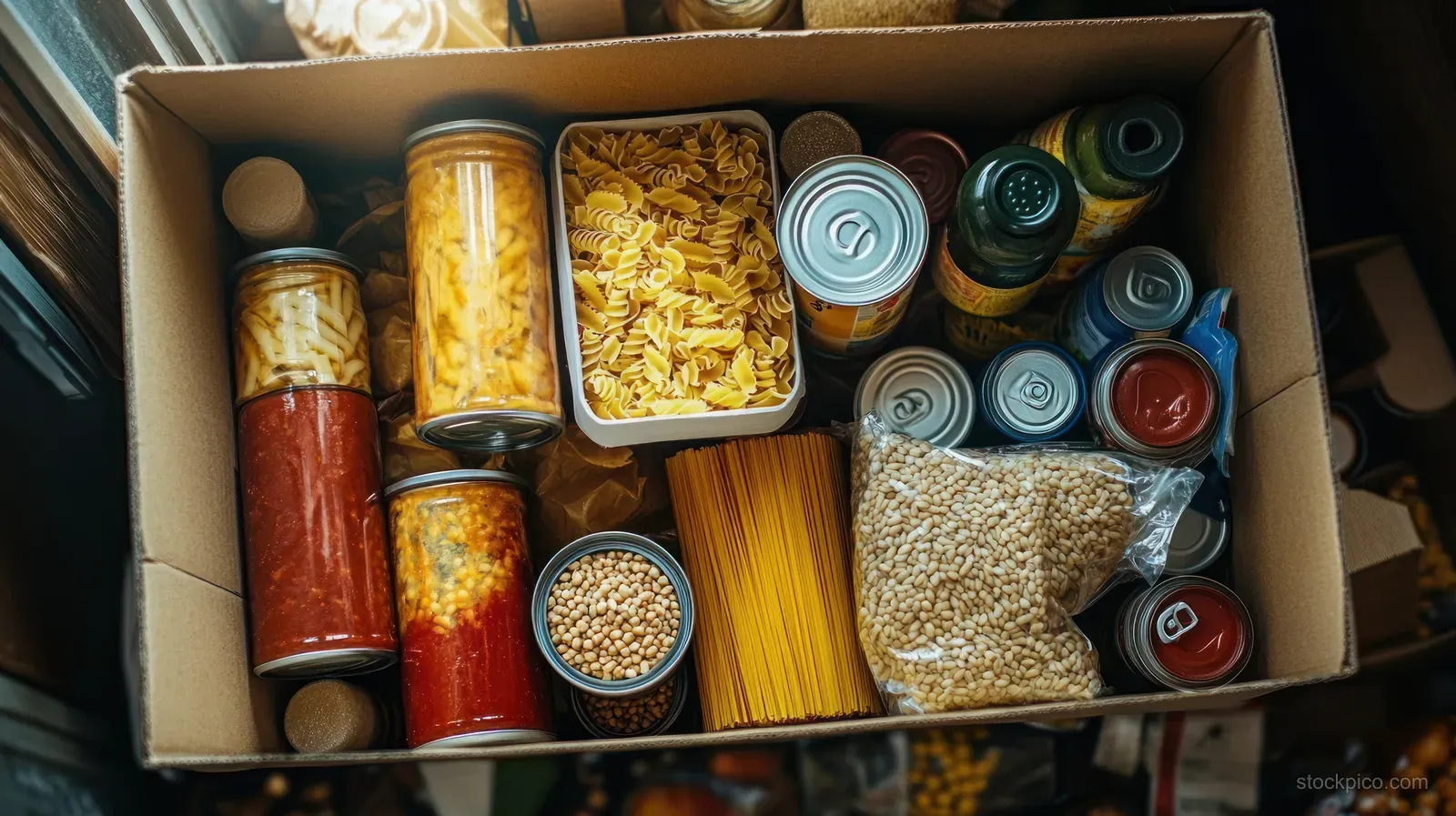 An open cardboard box packed with pasta, canned goods, jar sauces, and dry grains arranged for a pantry supply.