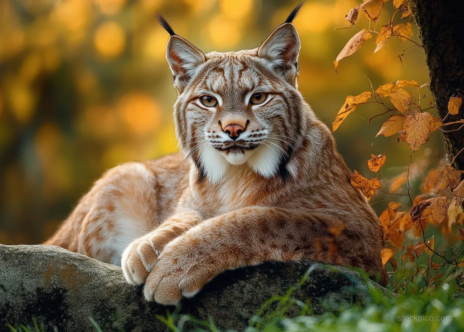 A resting lynx on a mossy rock surrounded by orange autumn leaves under warm golden light.