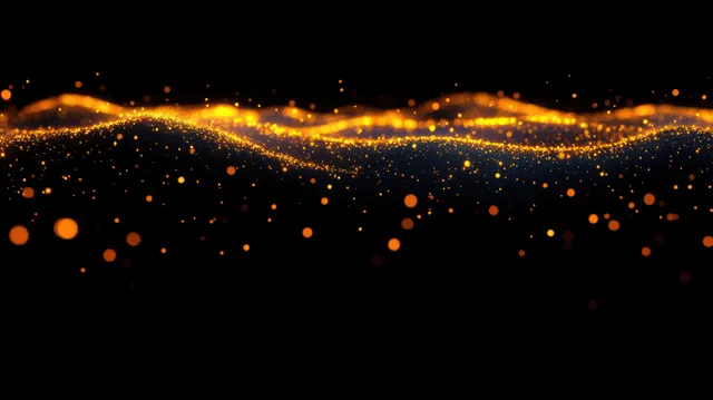 Golden glowing particles wave across a dark background, forming shimmering energy ribbons