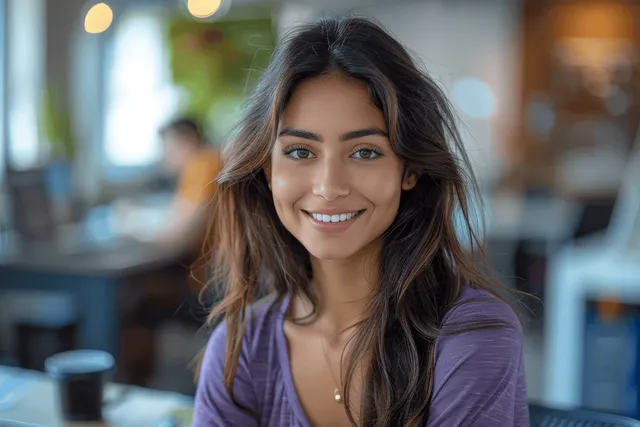 Smiling Indian Woman at Home Office with Laptop and Coffee
