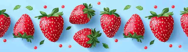 Red strawberries with green leaves repeat across a light blue patterned background.