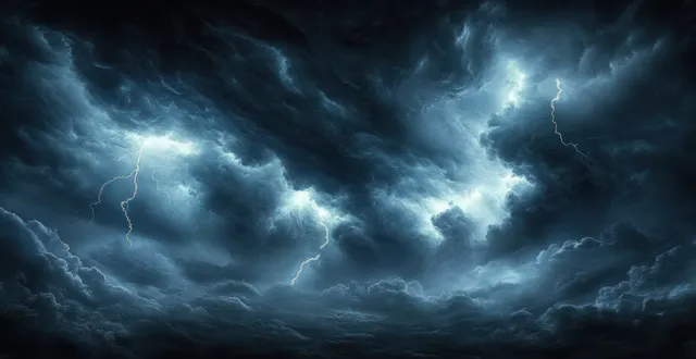 Bright lightning splits the dark night sky above thick storm clouds.