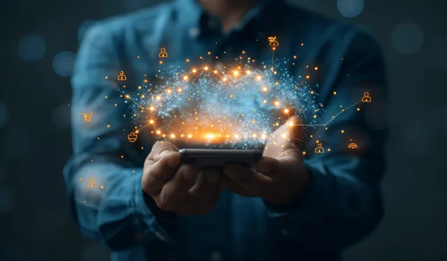 A businessman holds a smartphone with glowing cloud and security icons over a dark network background.