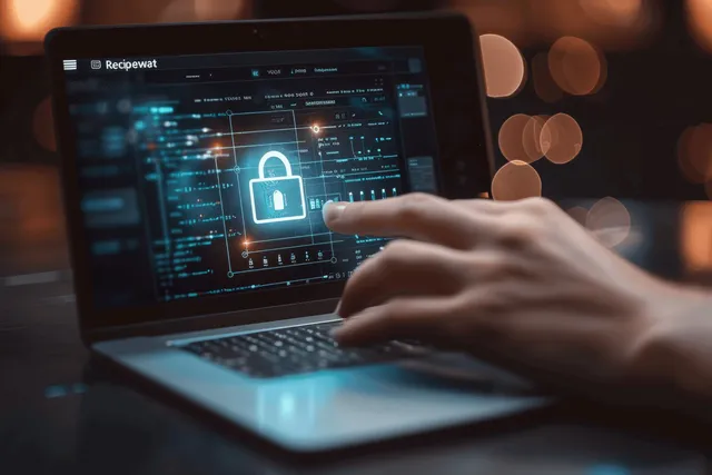 Hand typing laptop login credentials with glowing lock icon over cyber security dashboard