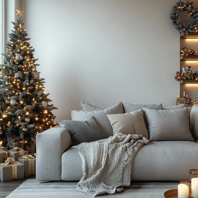 Grey sofa with pillows and knit throw sits in a cozy living room as a lit Christmas tree and warm lamps glow.
