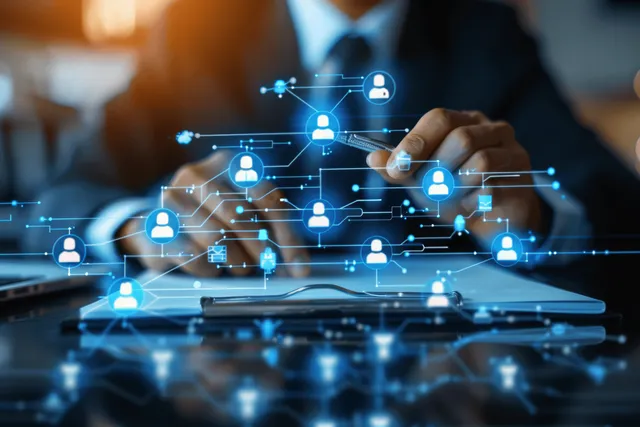 A businessman taps a digital screen showing HR workflow and floating organization chart icons above office desk.