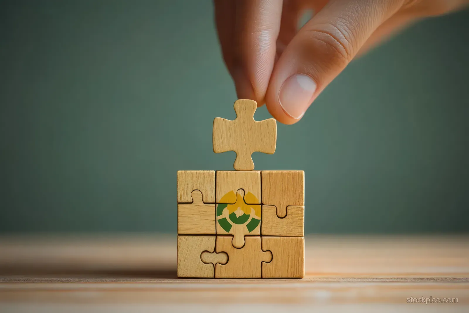 A hand places a wooden puzzle piece onto a recycling circular symbol on small blocks.