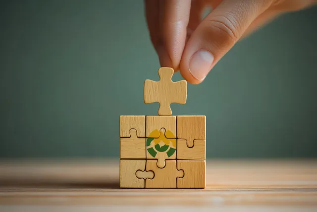 A hand places a wooden puzzle piece onto a recycling circular symbol on small blocks.