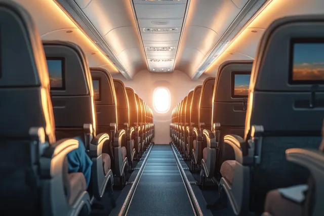 A quiet airplane cabin aisle with warm sunlight streaming through windows onto empty rows of seats.