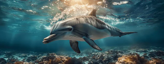 Dolphin swimming underwater as sunlight beams scatter through ocean bubbles and blue water