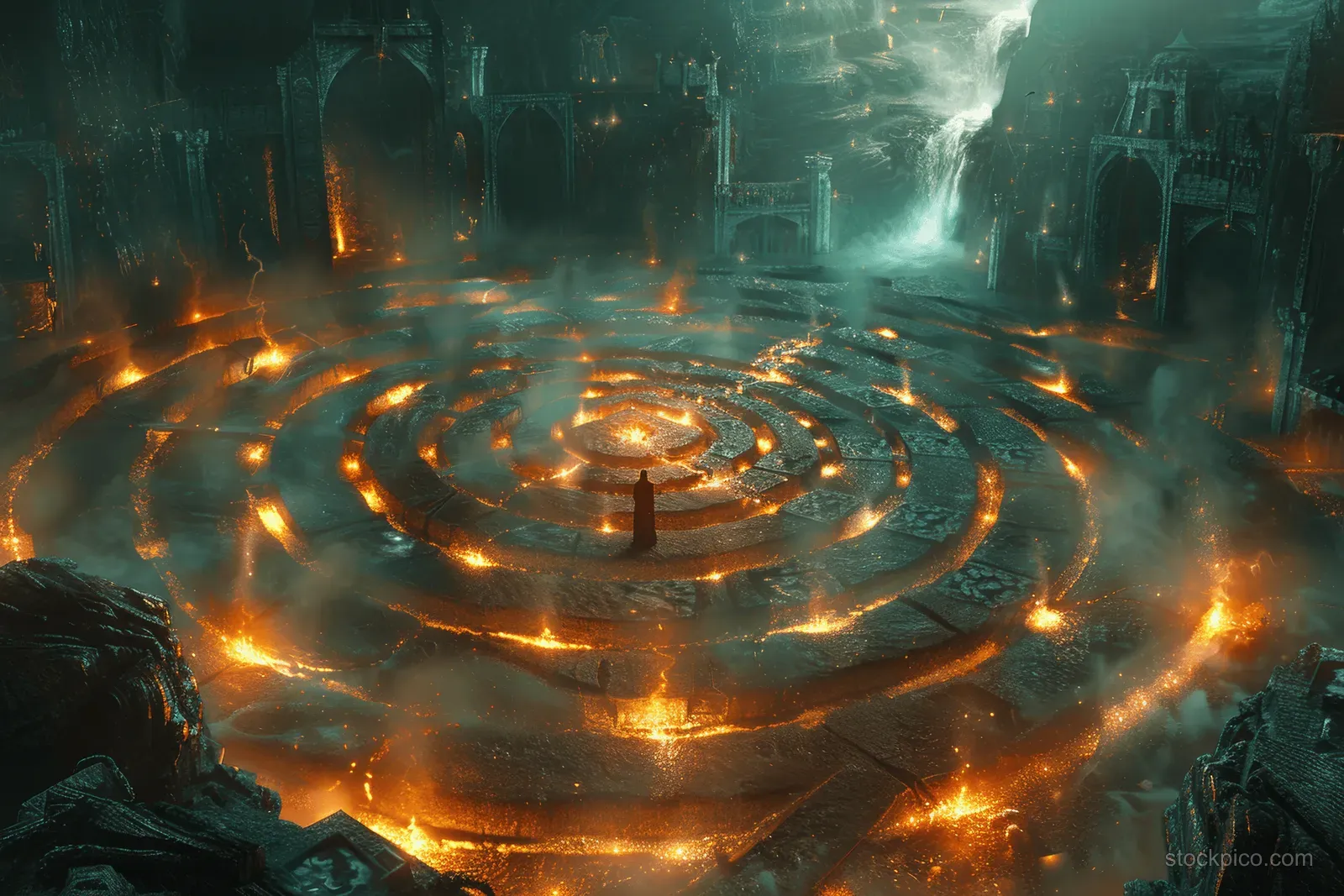 A lone man stands at the center of a glowing labyrinth inside a dark cavern.