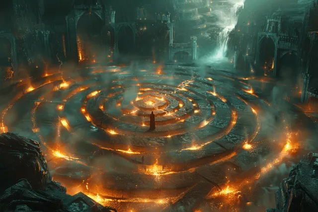 Man Facing a Glowing Labyrinth in a Dark, Stormy Cavern