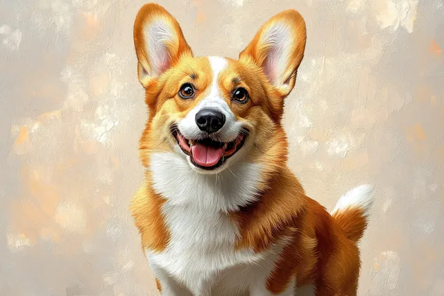 A happy corgi with tongue out sits facing the camera against a neutral textured background.