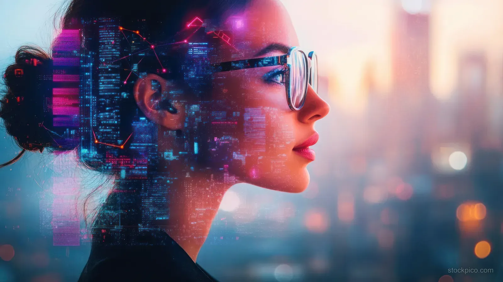 Thoughtful woman wearing glasses with a glowing smart-city skyline and digital network overlay behind her.