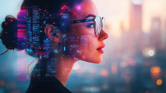 Thoughtful woman wearing glasses with a glowing smart-city skyline and digital network overlay behind her.