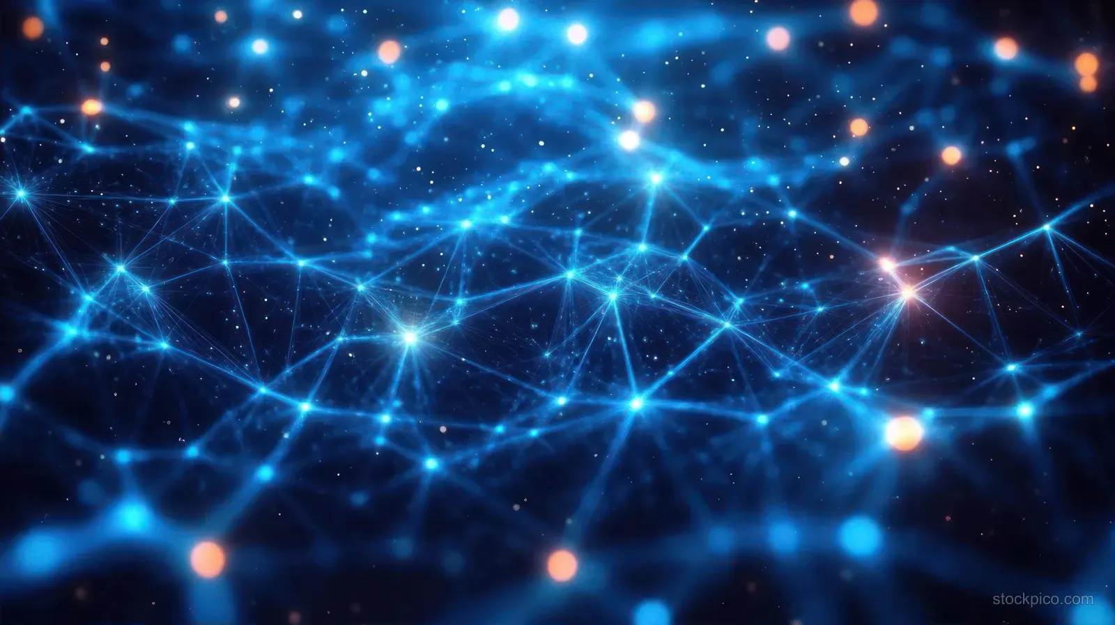 Blue glowing network nodes connected by light lines float in dark space with scattered light particles.