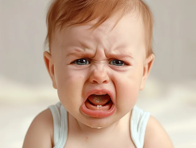 Closeup baby crying with open mouth on clean white studio background
