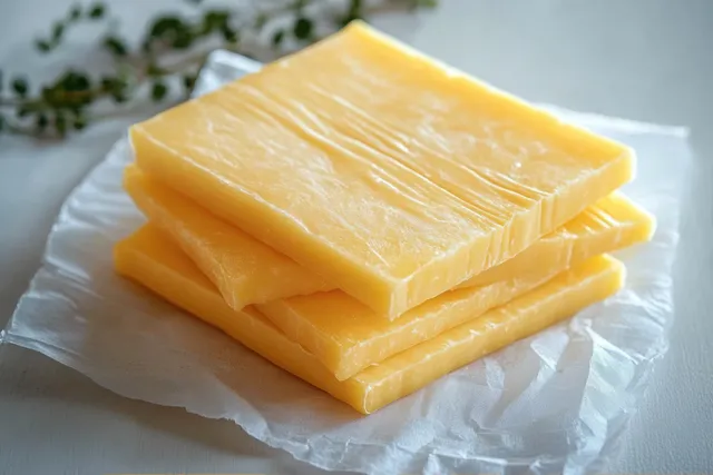 Three yellow cheese blocks stacked on white parchment paper with blurred green leaves behind.