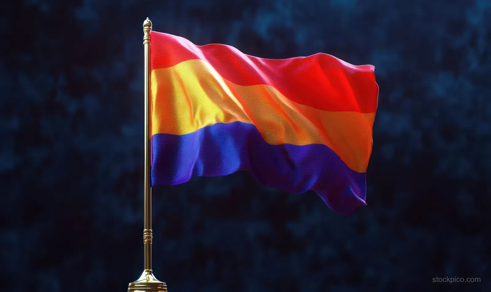 A flag with red, yellow, and blue horizontal stripes waves on a golden pole against a dark textured background.