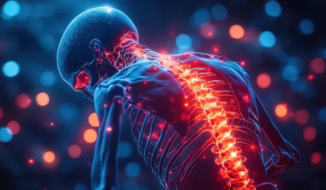 Surreal skeleton spine with a highlighted herniated lumbar disc and red-blue lighting glow in a dark bokeh background.
