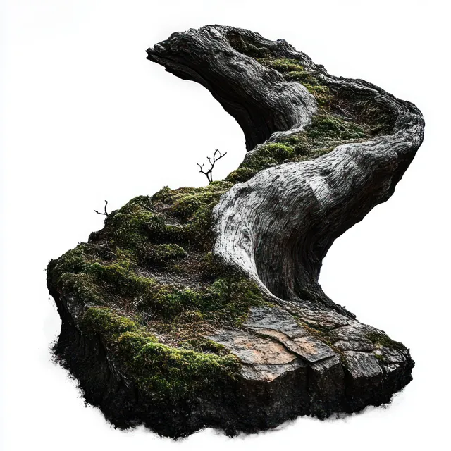 Curved old tree stump covered with green moss and small twigs isolated on a white background.