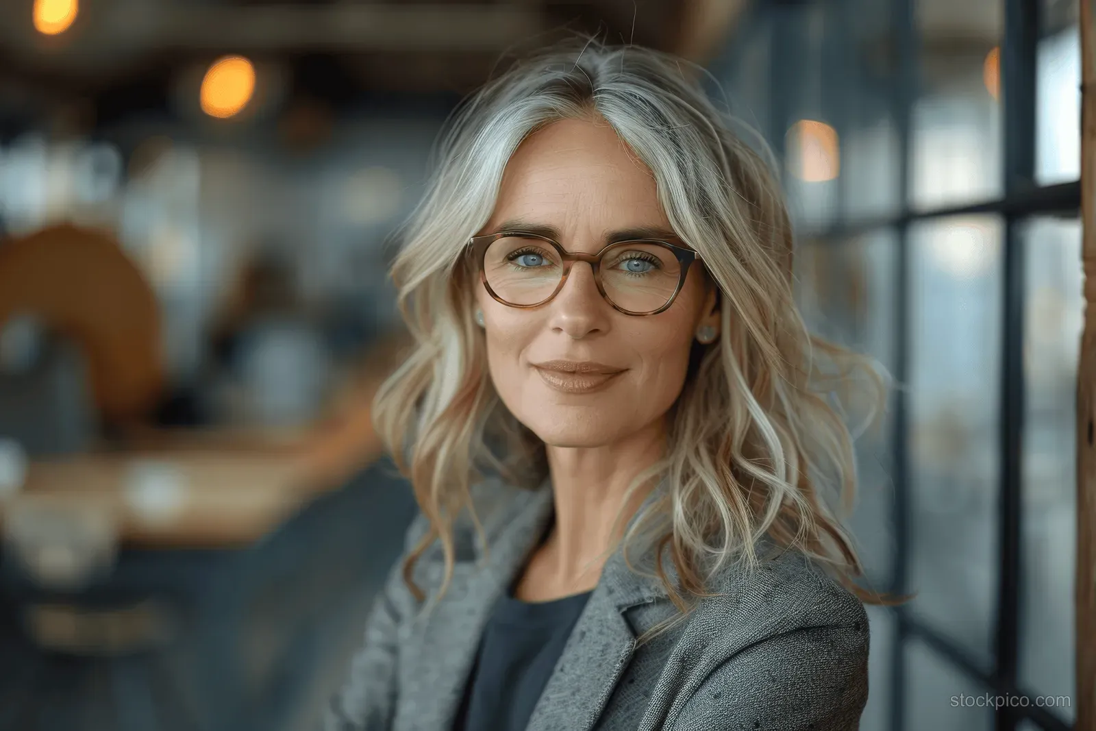 A mature woman with gray hair and glasses smiles in business attire near office windows under warm light.