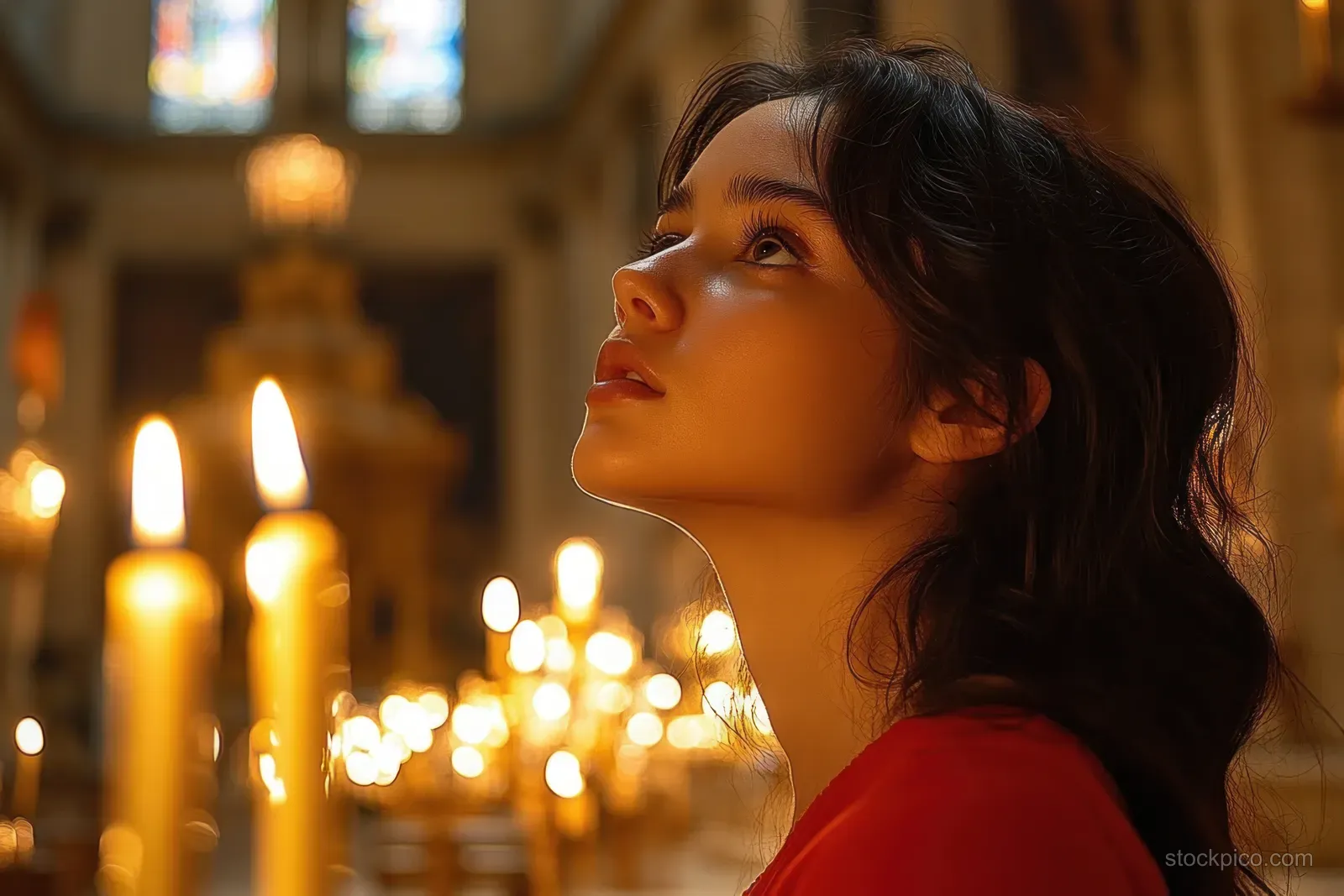 A young woman in a red top gazes upward inside a candlelit church with blurred warm lights behind her.