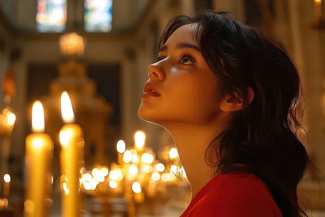 A young woman in a red top gazes upward inside a candlelit church with blurred warm lights behind her.