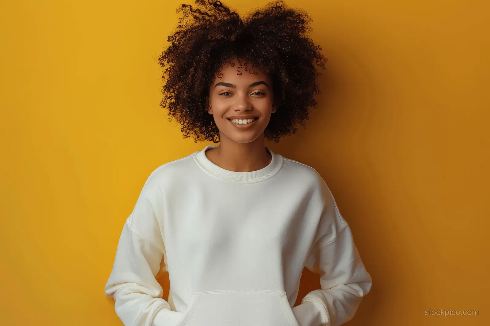 Smiling young woman wearing a white sweatshirt mockup with hands in pockets against a solid yellow background.
