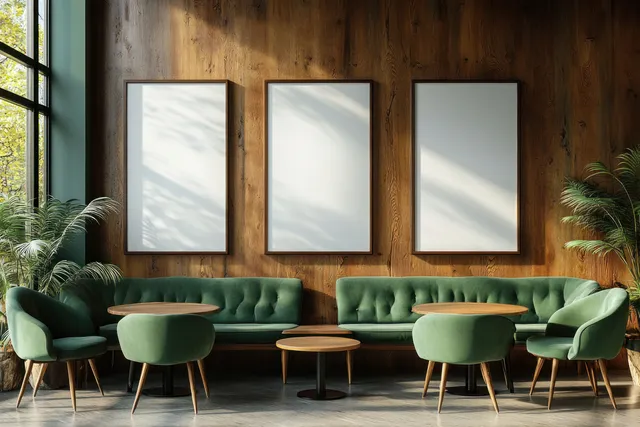 Green velvet banquette seating and a small round table sit beneath three empty framed prints in a wooden cafe interior.