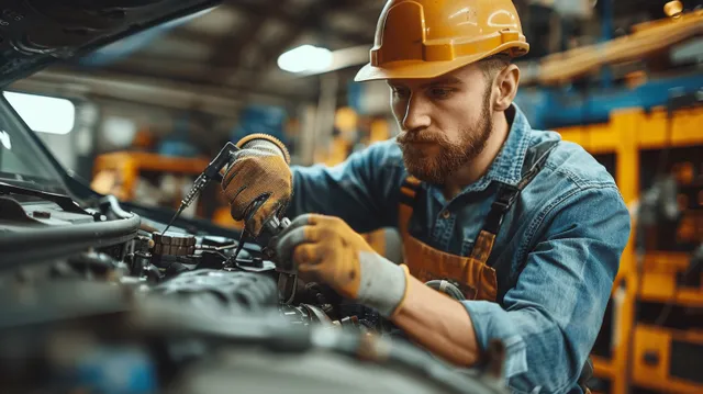 Mechanic checks car battery voltage with a voltmeter in a modern workshop garage.