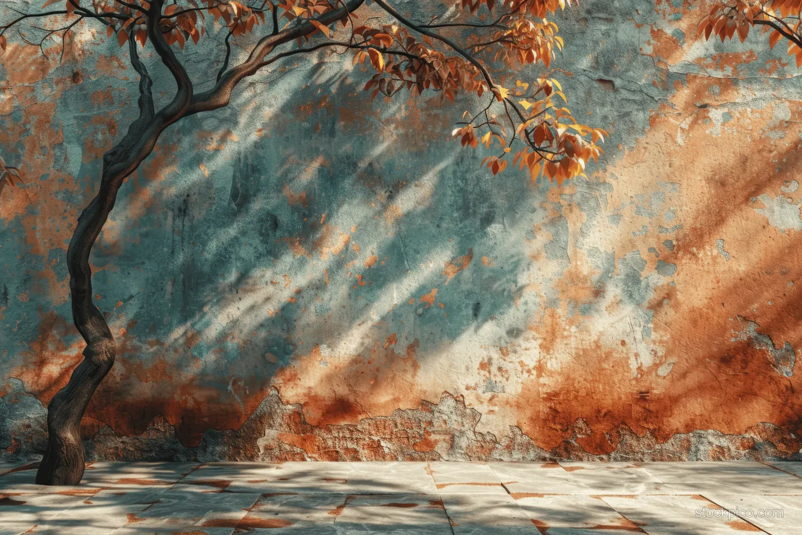 Tree shadows fall across a terracotta wall above a textured concrete courtyard.