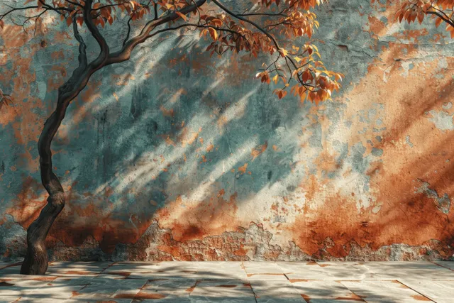 Tree Shadows Across Terracotta Wall and Textured Concrete Courtyard