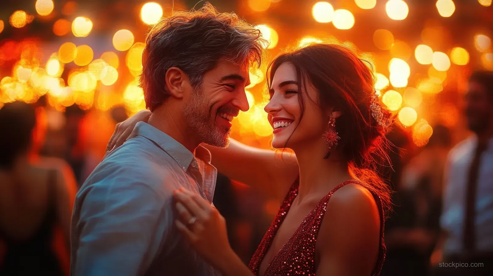 A smiling couple dances closely at a warmly lit party with sparkling bokeh lights in the background.
