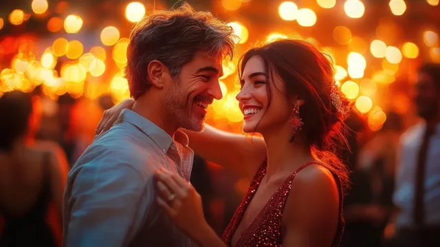 A smiling couple dances closely at a warmly lit party with sparkling bokeh lights in the background.