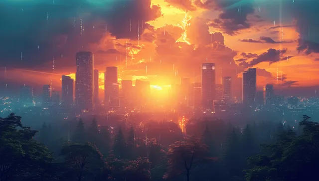 A futuristic city skyline at sunset with glowing solar energy beams over high buildings and trees.