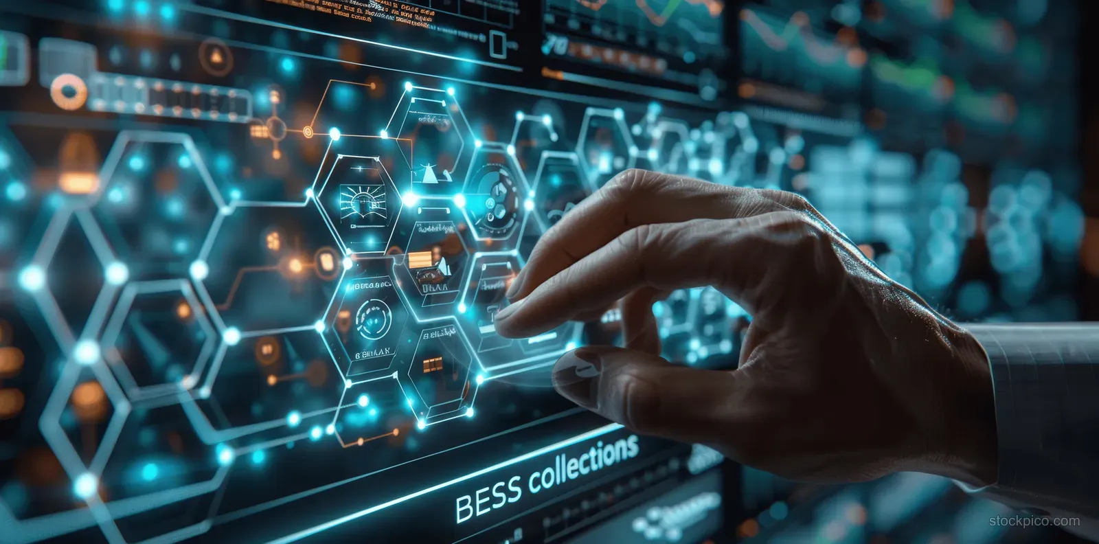 A hand reaches toward an illuminated AI dashboard with connected recovery and continuity icons in a server room.