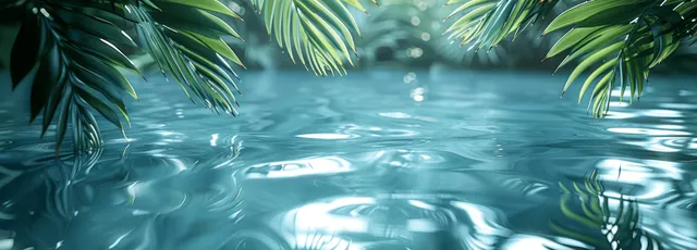Palm leaf shadows ripple across blue water, framing a tranquil tropical beach scene