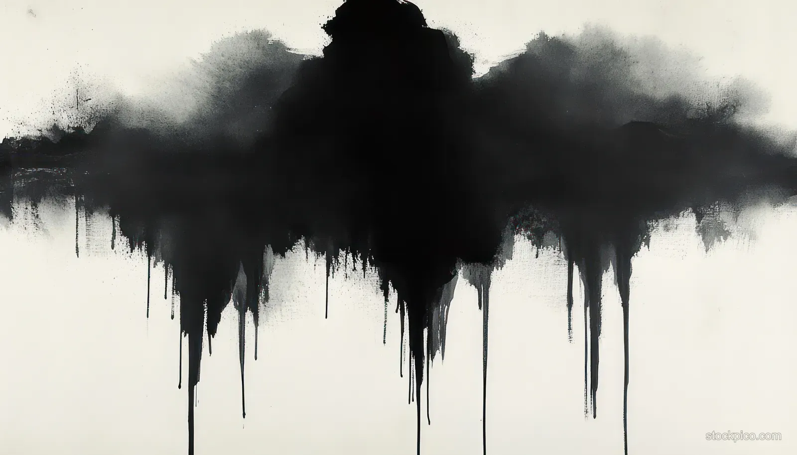Black ink wash drips from the top over white paper, with smoky gradient blotches above.