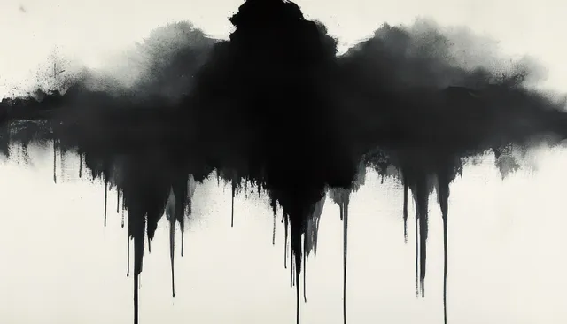 Monochrome ink wash drips over white paper with soft black smoke-like gradients above