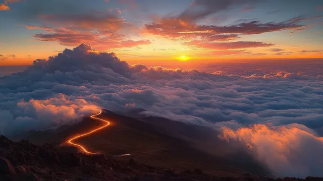 A glowing winding trail runs along a mountain ridge under an orange and purple sunset above clouds.