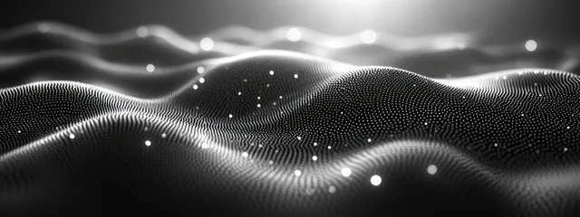 Black and white wavy abstract scale texture with dot clusters over a grainy leather-like background.