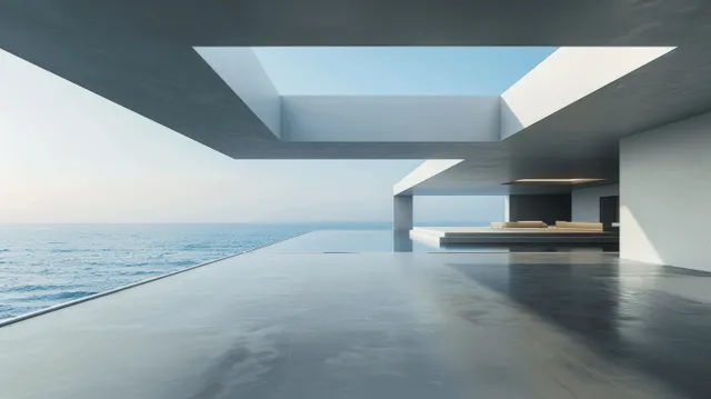 Minimalist concrete terrace in a 3D render with sea view and strong geometric light and shadow lines.