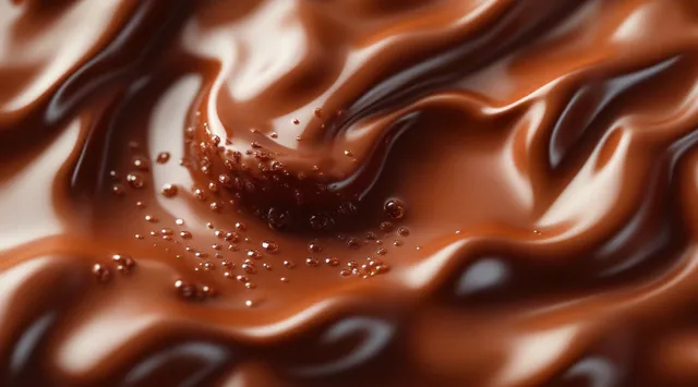 Glossy melted chocolate swirl with tiny bubbles on a rich brown surface fills the frame.
