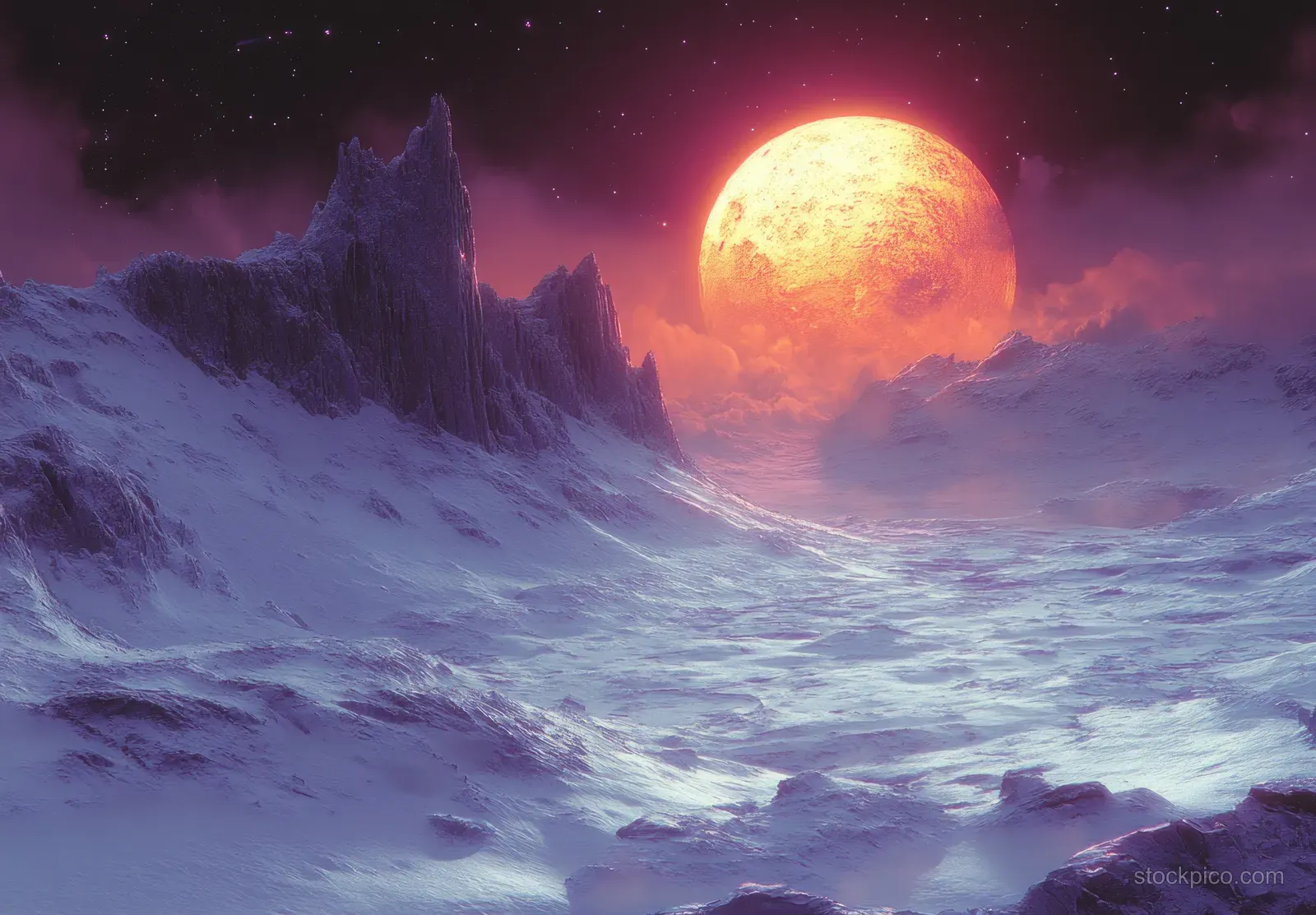 Surreal alien shoreline with icy purple waves, jagged monoliths, and a glowing golden moon in the dark sky.
